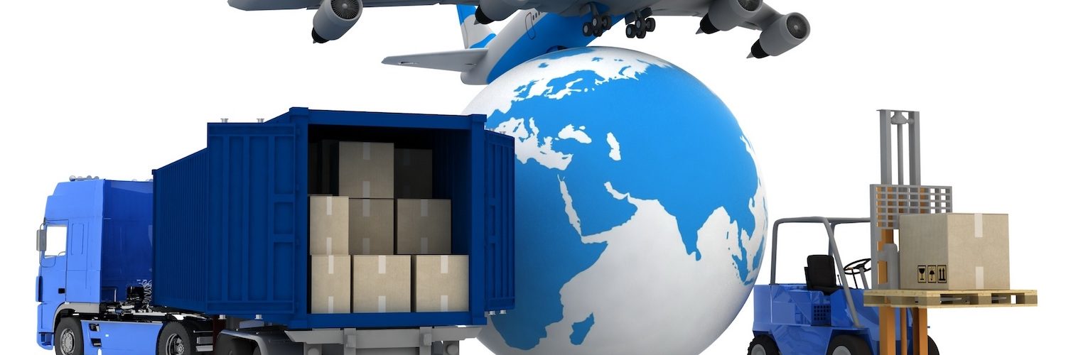 airliner with a globe and autoloader with boxes in a container